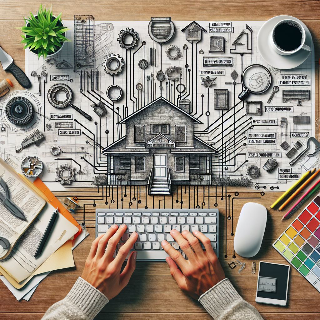 Top view of a workspace with architectural drawing of a house and various engineering tools, featuring modern solutions, with hands typing on a keyboard.