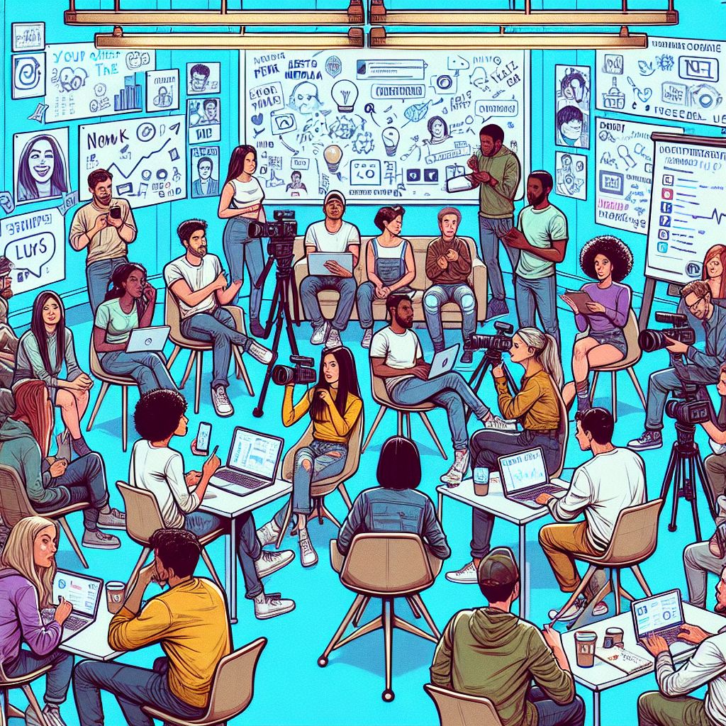 A vibrant illustration of a diverse group of people engaged in a collaborative workspace, with discussions and brainstorming sessions amidst laptops and whiteboards filled with notes aimed at strengthening the online presence of a home improvement brand