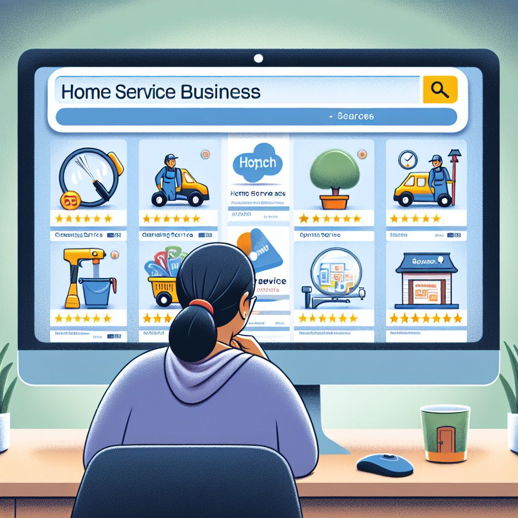 A person is searching for home service businesses on a computer using SEO techniques.