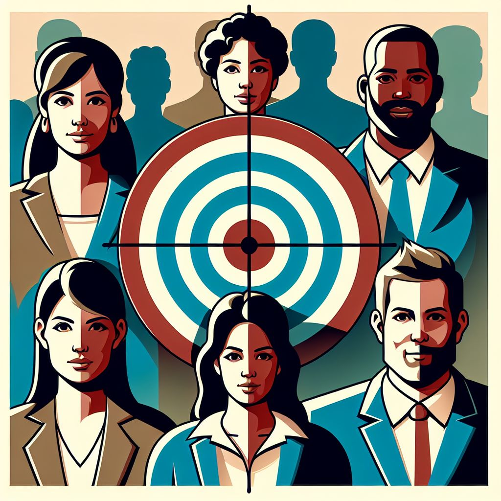 Illustration of five stylized professionals in front of a target, highlighting a diverse team's hidden potential in a goal-oriented concept.
