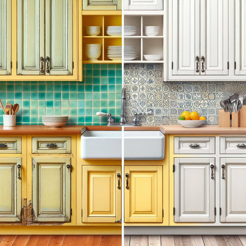 Before and after comparison of a kitchen renovation, now highlighted as engaging social media content, showcasing upgraded cabinetry, backsplash, and countertops.