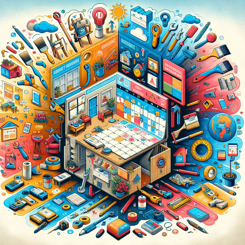 A vibrant illustration of a well-organized workspace surrounded by an assortment of objects and icons representing creativity, technology, and productivity, including a prominently featured Content Calendar Strategy.