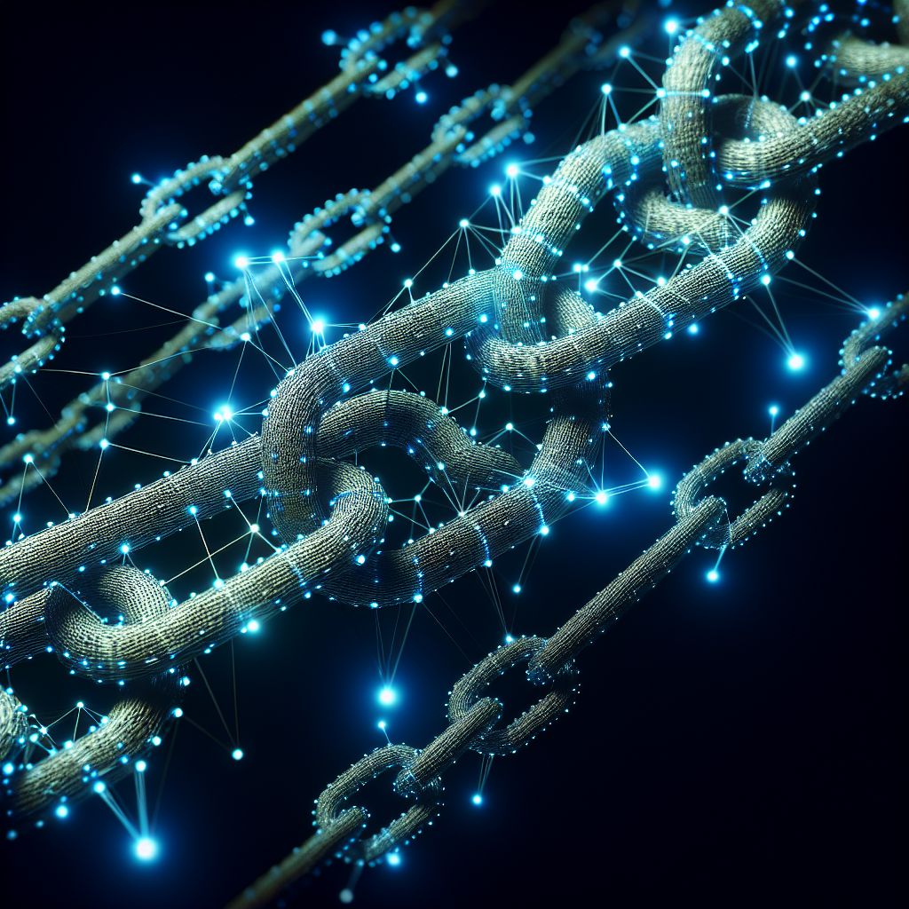 Digital chains with glowing connection points on a dark background, depicting a concept of blockchain or network security for improving brand online.
