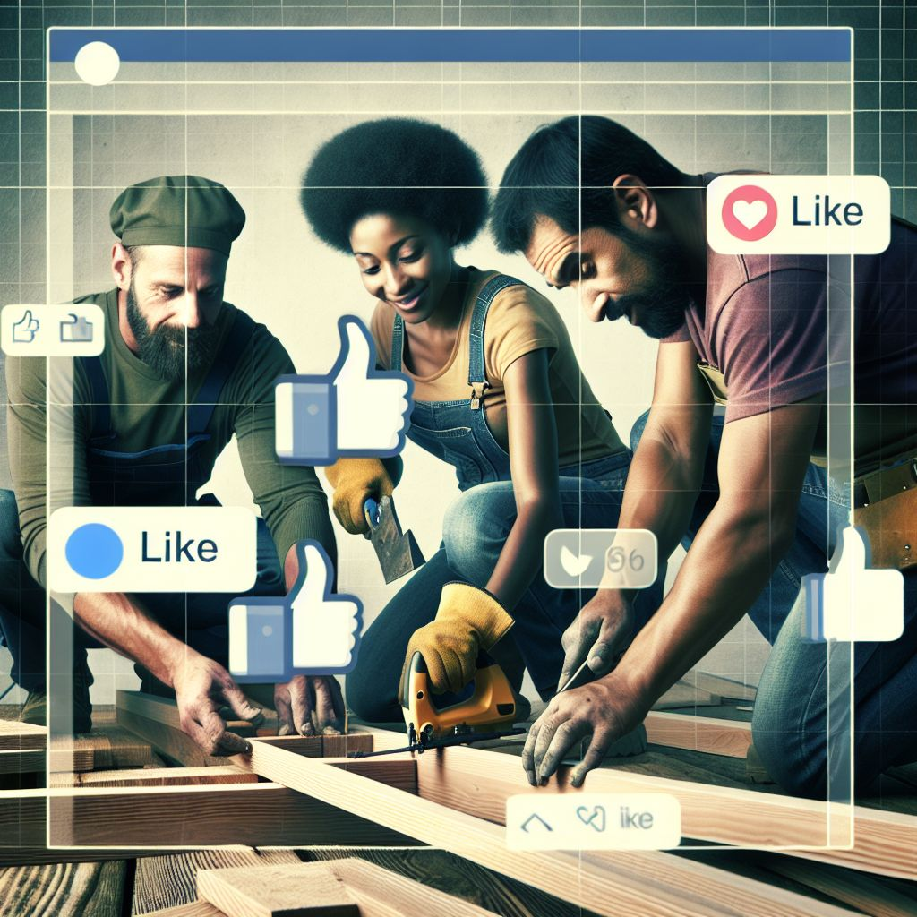 Three deck builders working on a carpentry project with overlaid social media 'like' icons.